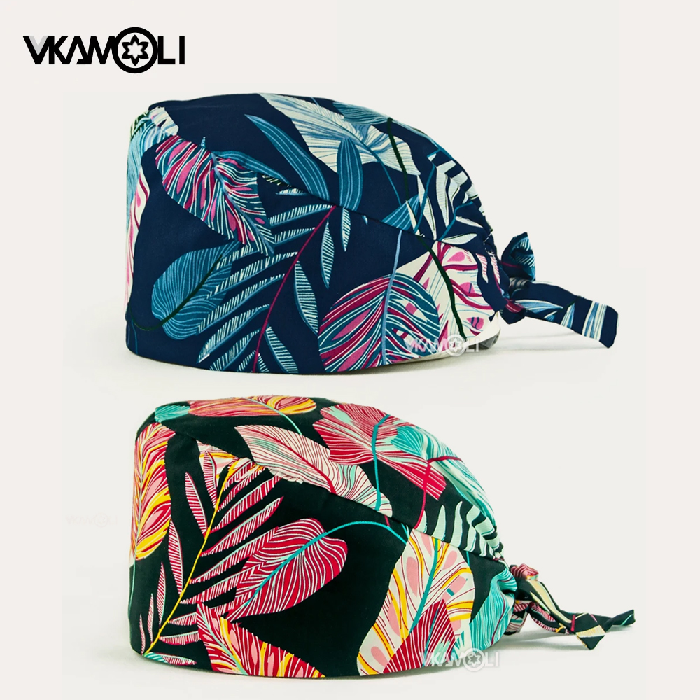 Medical Lab Worker - new Flower printing cap sweat-absorbent scrubs